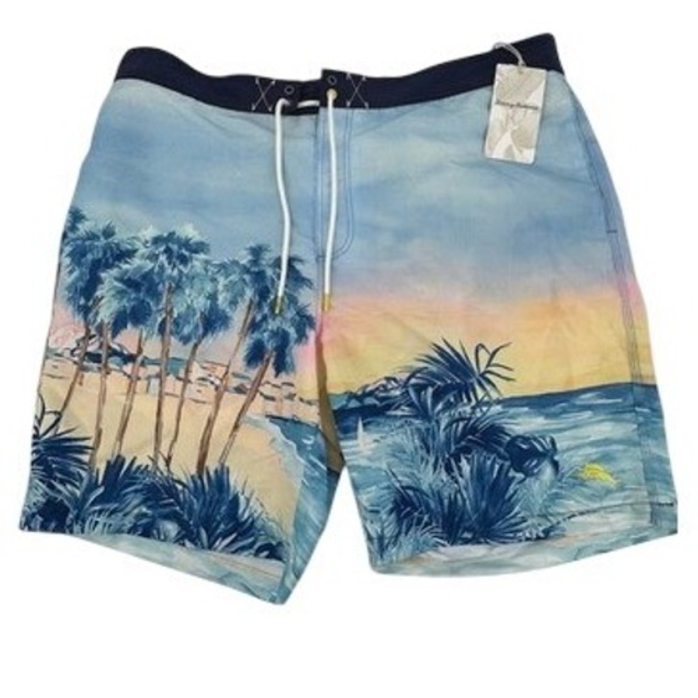 NWT‎ Tommy Bahama Swim Trunks Mens XXL Blue Baja Forte De Marimi Seas Sunset Vac